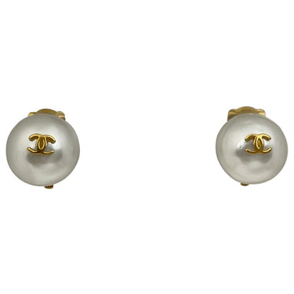 Chanel Coco Mark Faux Pearl Earrings Round Earrings GP Gold White Ladies