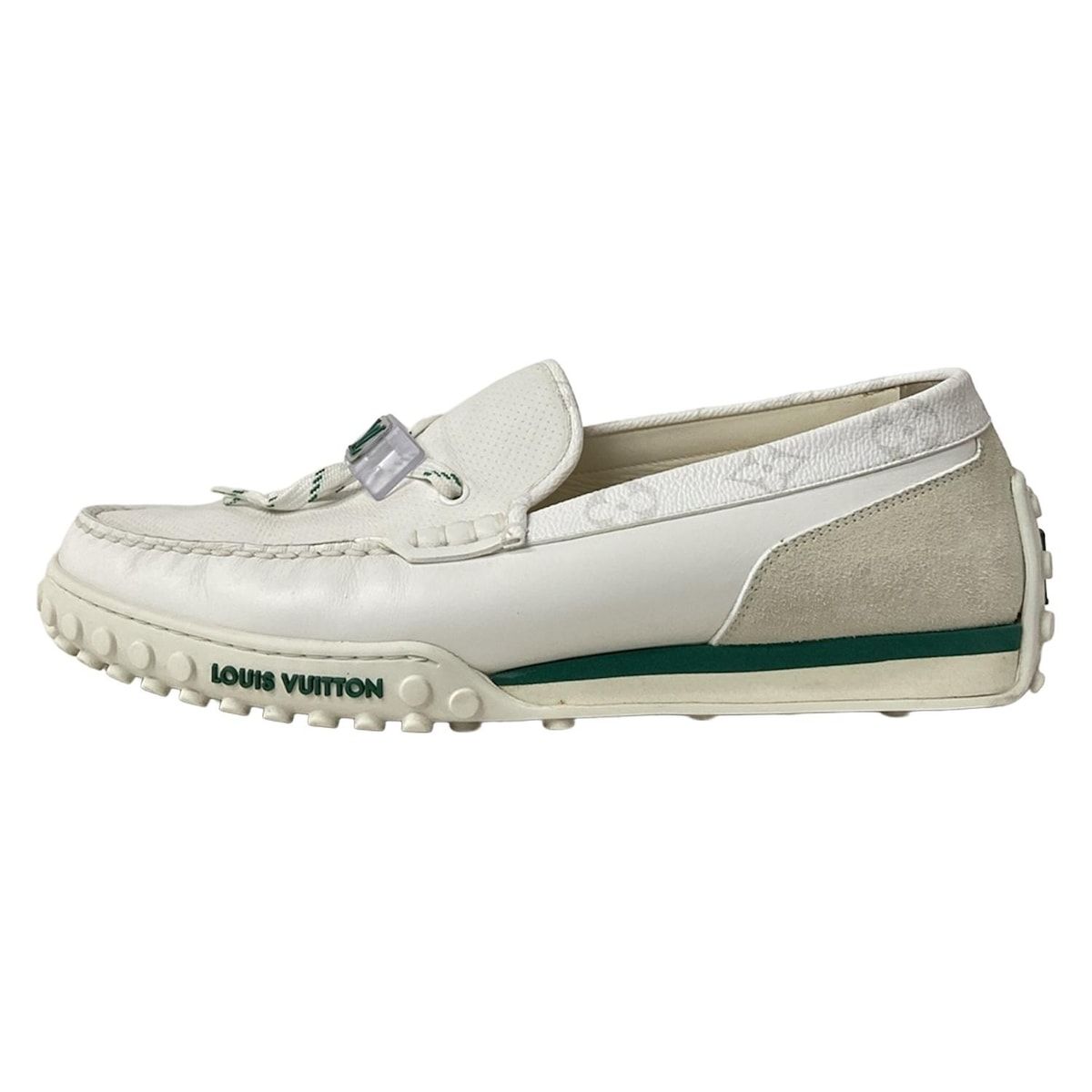 Louis Vuitton Driving Shoes 7 1/2 Men's Racer Line White X Green Leather