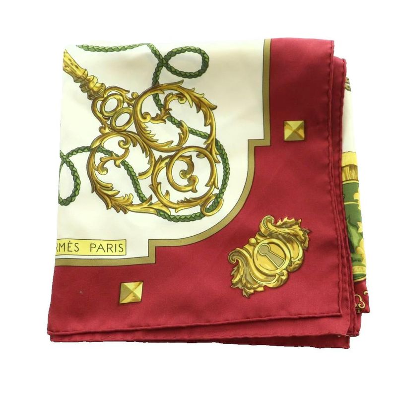 Hermes Les Cles Carre90 Scarf All Over Pattern Silk Bordeaux Ivory Gold Color