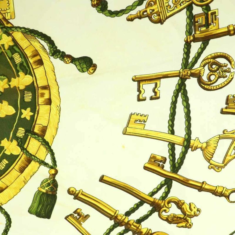 Hermes Les Cles Carre90 Scarf All Over Pattern Silk Bordeaux Ivory Gold Color