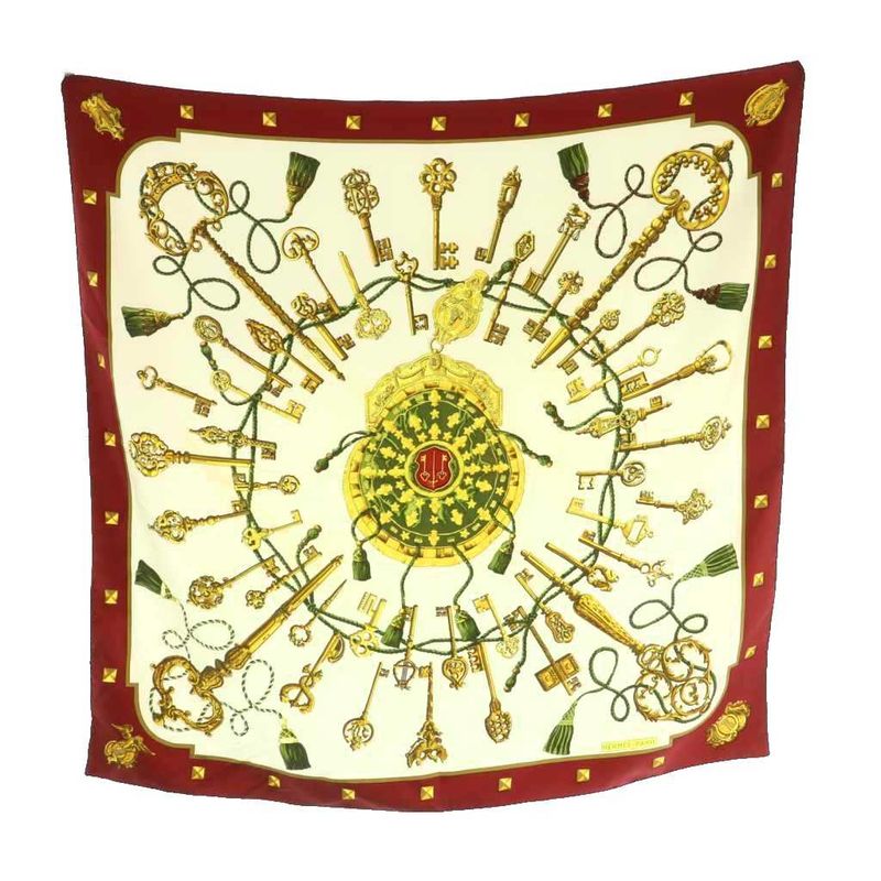 Hermes Les Cles Carre90 Scarf All Over Pattern Silk Bordeaux Ivory Gold Color