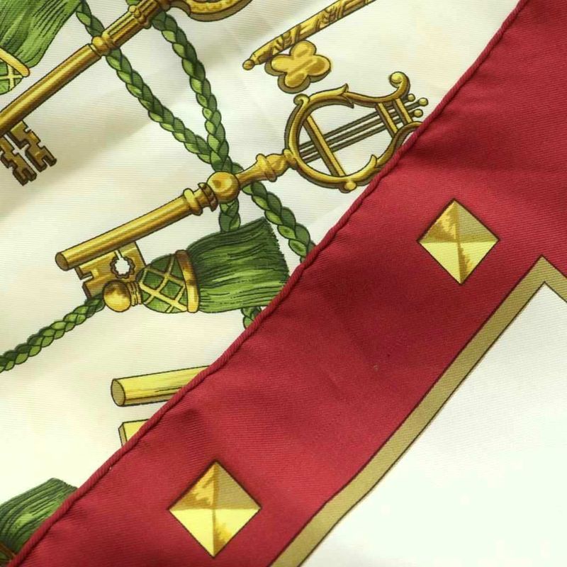 Hermes Les Cles Carre90 Scarf All Over Pattern Silk Bordeaux Ivory Gold Color