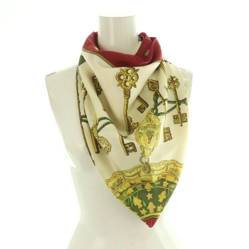 Hermes Les Cles Carre90 Scarf All Over Pattern Silk Bordeaux Ivory Gold Color