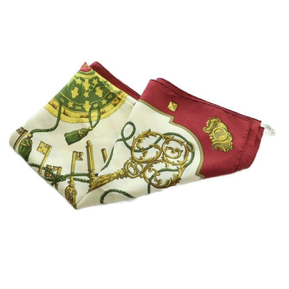 Hermes Les Cles Carre90 Scarf All Over Pattern Silk Bordeaux Ivory Gold Color