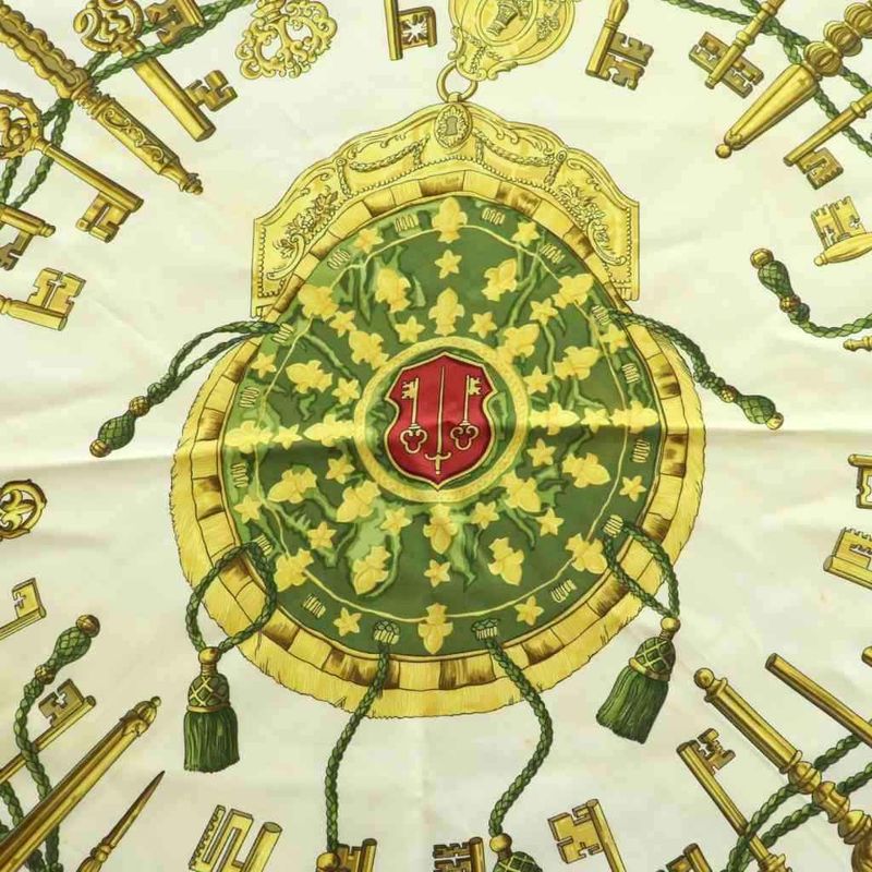 Hermes Les Cles Carre90 Scarf All Over Pattern Silk Bordeaux Ivory Gold Color