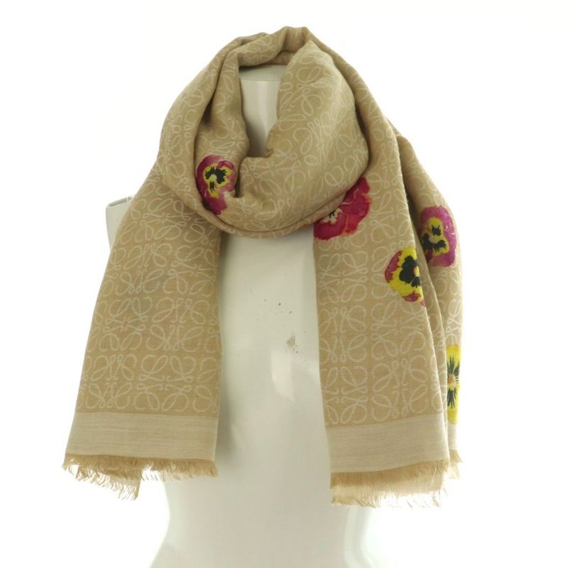 Loewe Anagram Shawl Muffler Floral Wool Blend Cashmere Blend Silk Blend Beige
