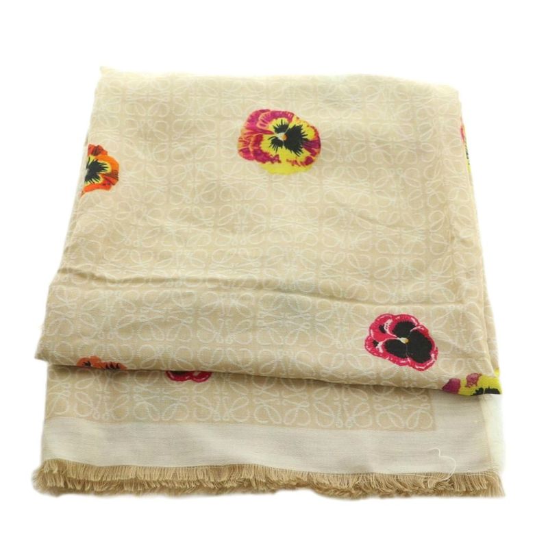 Loewe Anagram Shawl Muffler Floral Wool Blend Cashmere Blend Silk Blend Beige
