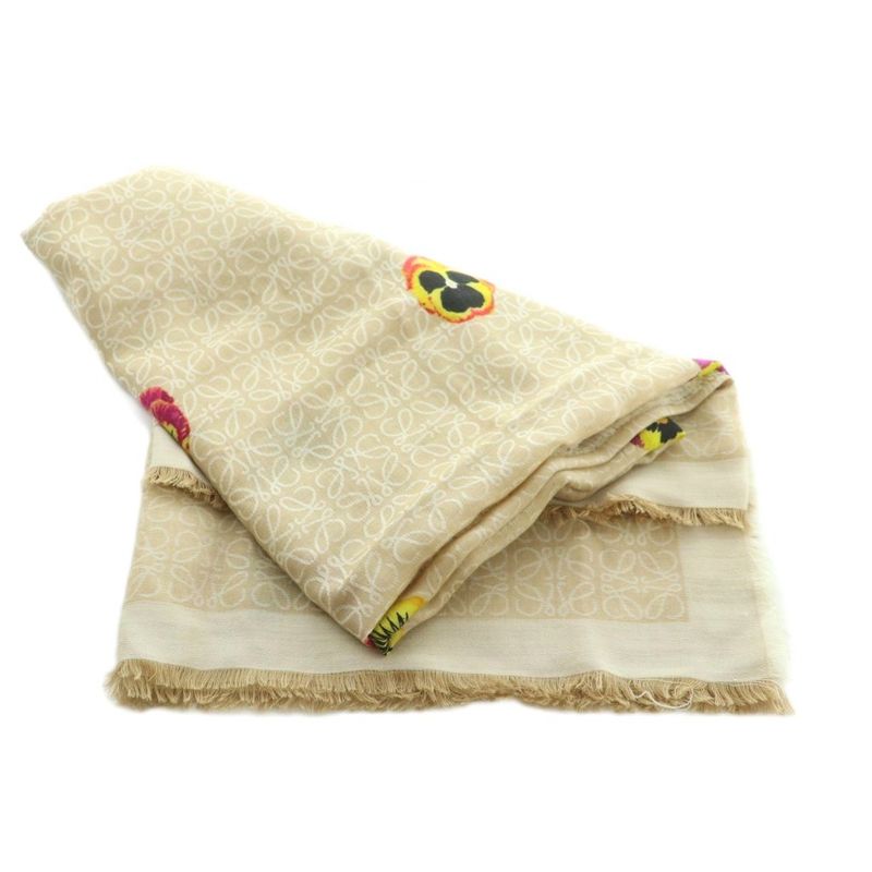 Loewe Anagram Shawl Muffler Floral Wool Blend Cashmere Blend Silk Blend Beige