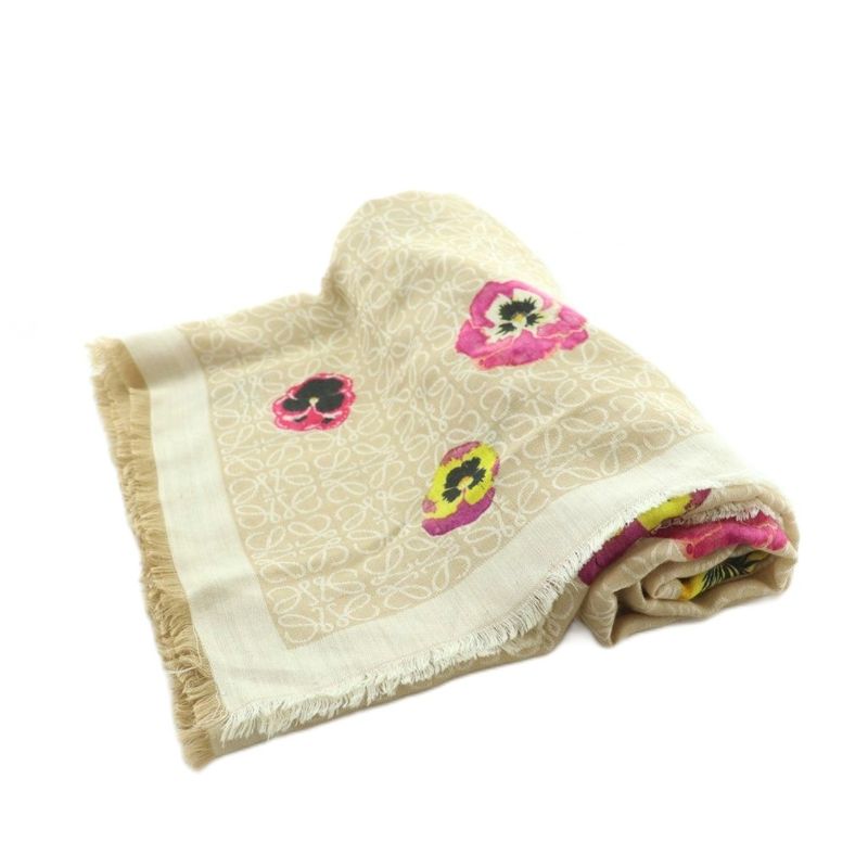 Loewe Anagram Shawl Muffler Floral Wool Blend Cashmere Blend Silk Blend Beige