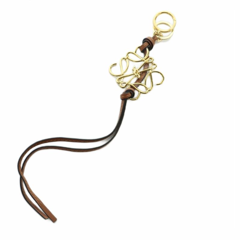 Loewe Anagram Key Ring Leather Charm Gold Color Brown Mi • OS • OH