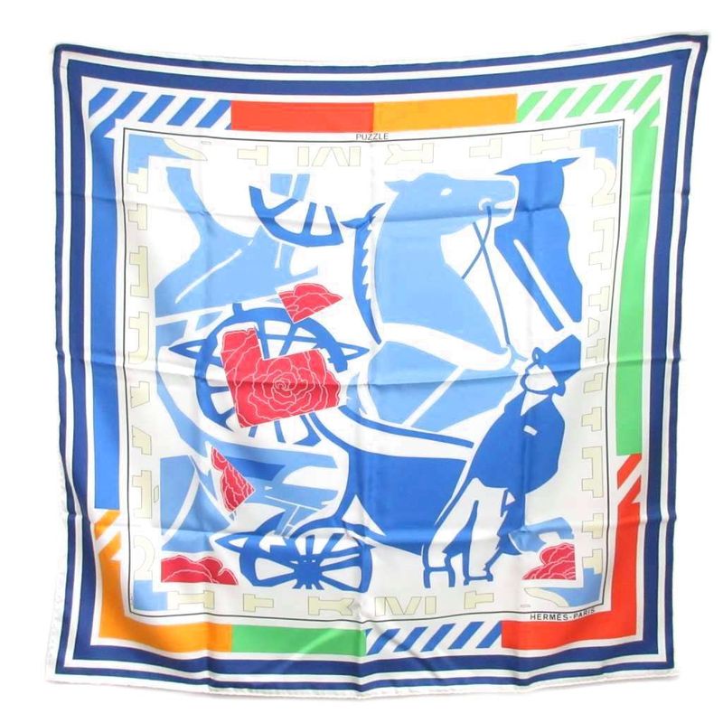 Hermes 2000 Boyfriend 90 Puzzle Scarf Silk Large Horse Pattern Multicolor