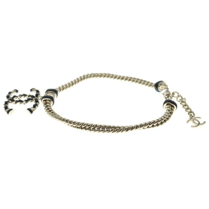 Chanel Coco Mark Logo Plate Leather Chain Necklace Choker Gold Black B21s