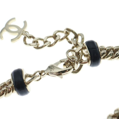 Chanel Coco Mark Logo Plate Leather Chain Necklace Choker Gold Black B21s