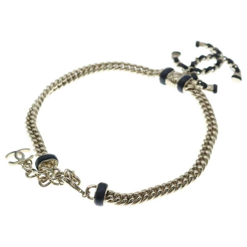 Chanel Coco Mark Logo Plate Leather Chain Necklace Choker Gold Black B21s