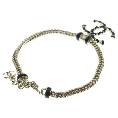 Chanel Coco Mark Logo Plate Leather Chain Necklace Choker Gold Black B21s