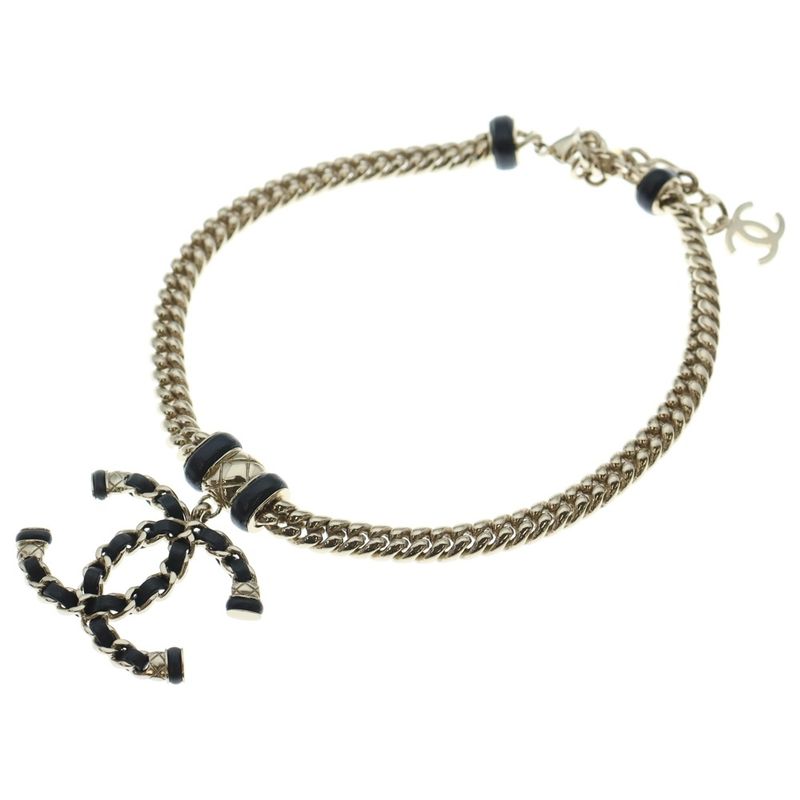 Chanel Coco Mark Logo Plate Leather Chain Necklace Choker Gold Black B21s