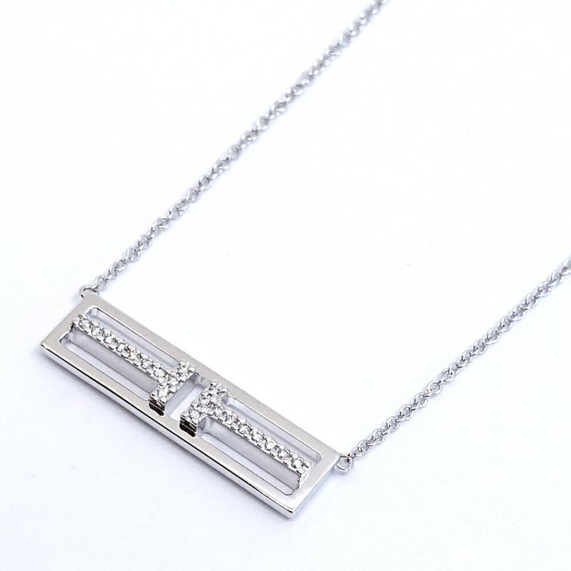 Tiffany & Co 18K White Gold T Two Open Vertical Diamond Necklace