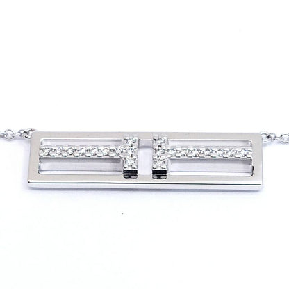 Tiffany & Co 18K White Gold T Two Open Vertical Diamond Necklace