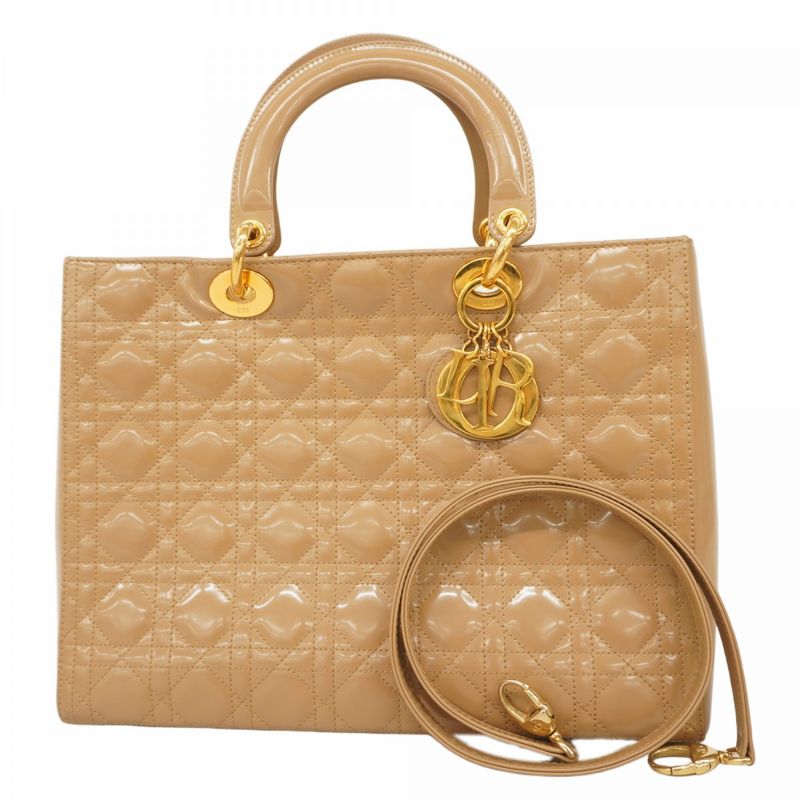 Christian Dior Handbag Cannage Lady Dior Enamel Brown Gold Hardware 2way Bag