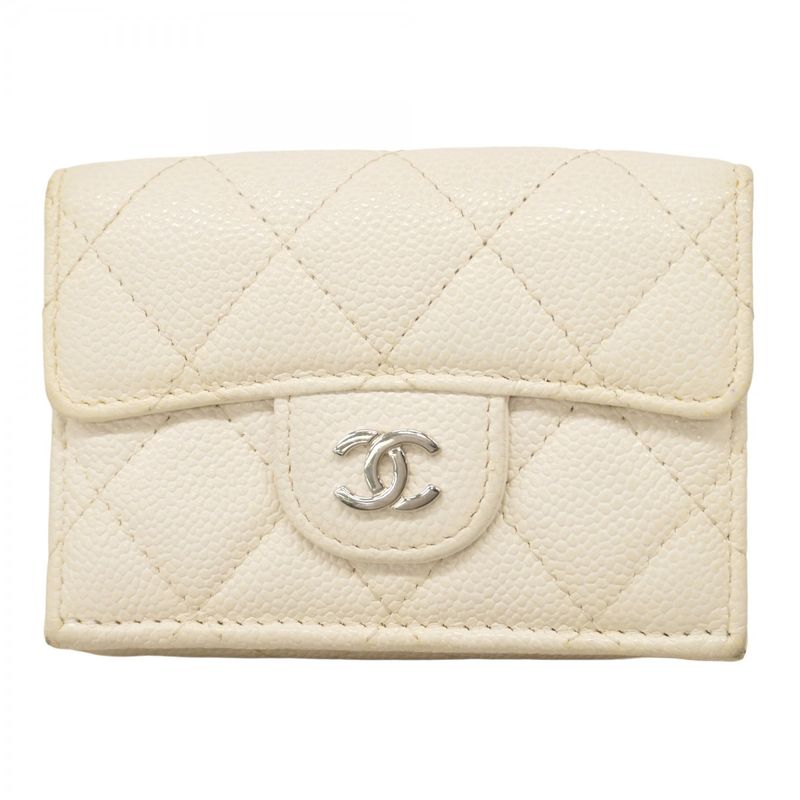 Chanel Trifold Wallet Matelasse Caviar Skin White Silver Hardware Women's