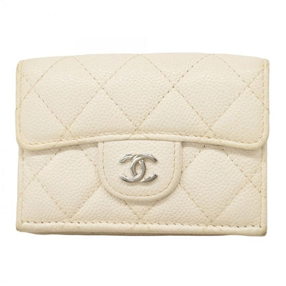 Chanel Trifold Wallet Matelasse Caviar Skin White Silver Hardware Women's