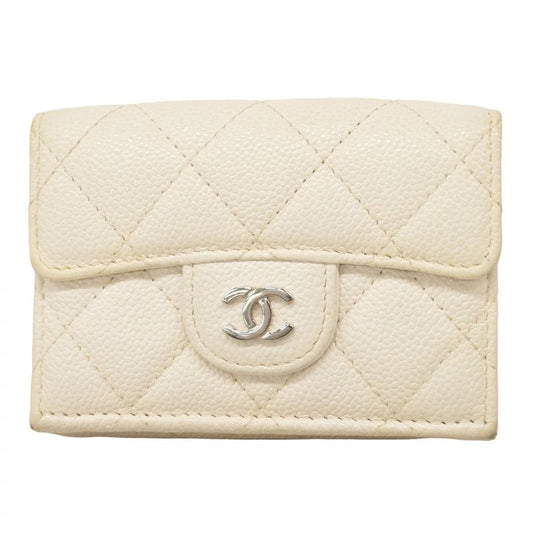 Chanel Trifold Wallet Matelasse Caviar Skin White Silver Hardware Women's