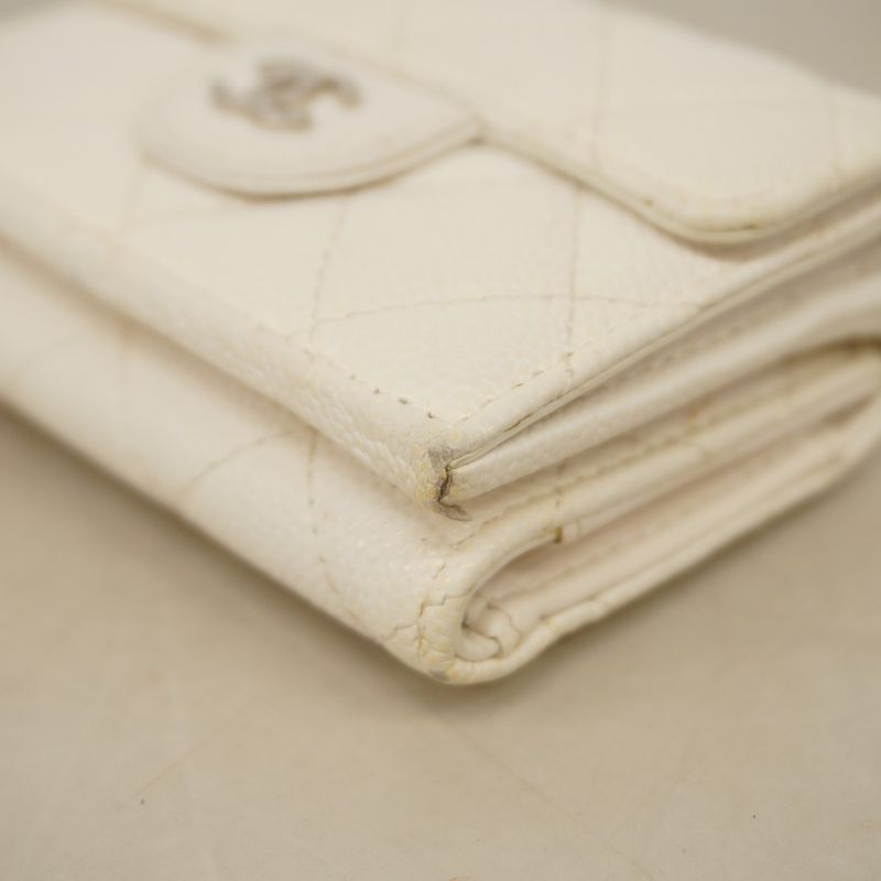 Chanel Trifold Wallet Matelasse Caviar Skin White Silver Hardware Women's