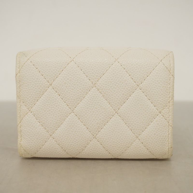 Chanel Trifold Wallet Matelasse Caviar Skin White Silver Hardware Women's