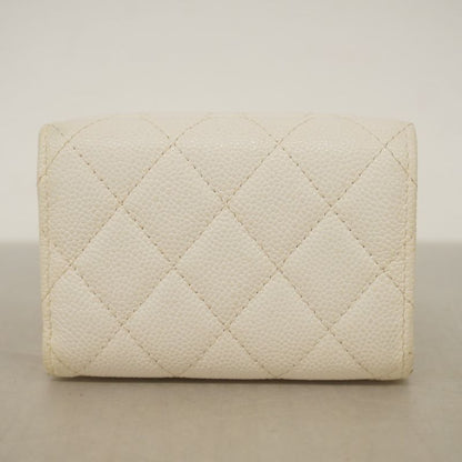 Chanel Trifold Wallet Matelasse Caviar Skin White Silver Hardware Women's