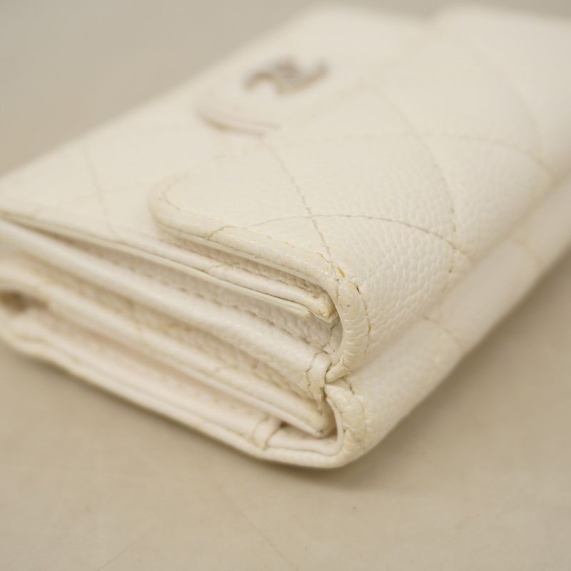 Chanel Trifold Wallet Matelasse Caviar Skin White Silver Hardware Women's