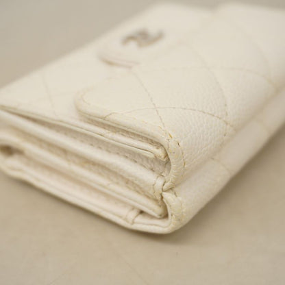 Chanel Trifold Wallet Matelasse Caviar Skin White Silver Hardware Women's
