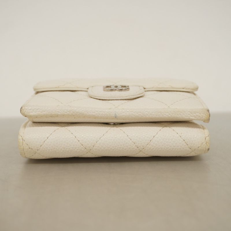 Chanel Trifold Wallet Matelasse Caviar Skin White Silver Hardware Women's