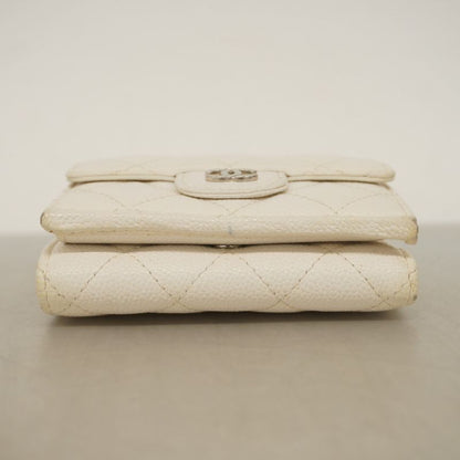 Chanel Trifold Wallet Matelasse Caviar Skin White Silver Hardware Women's
