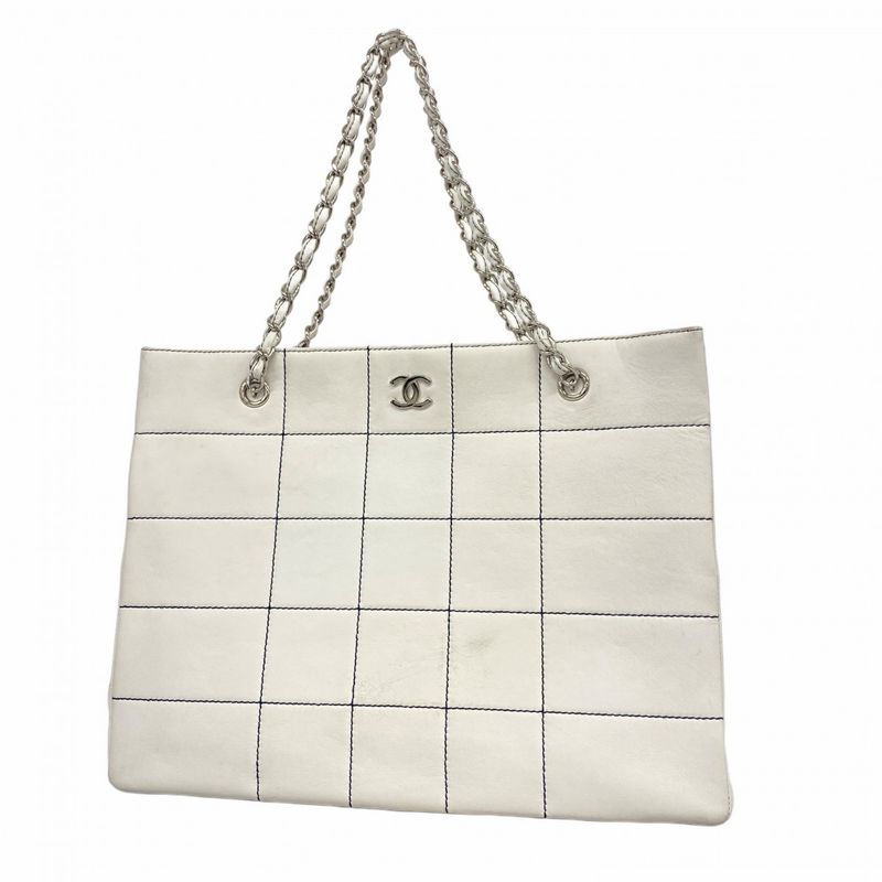 Chanel Tote Bag Chocolate Bar Leather White Navy Silver Hardware Ladies