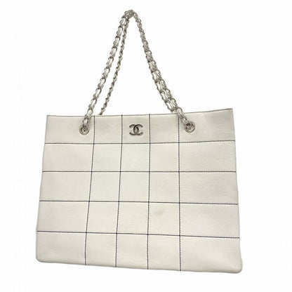 Chanel Tote Bag Chocolate Bar Leather White Navy Silver Hardware Ladies