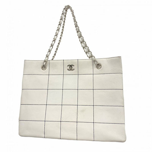 Chanel Tote Bag Chocolate Bar Leather White Navy Silver Hardware Ladies