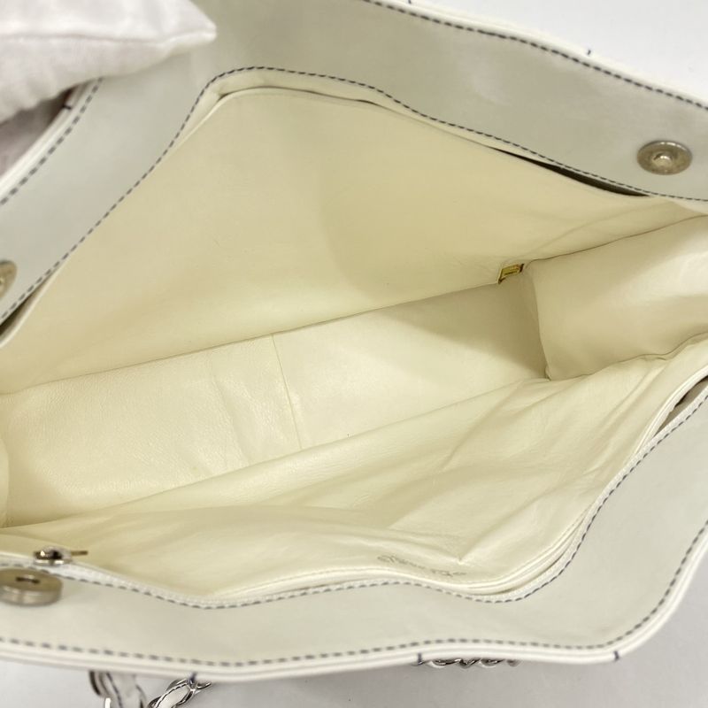 Chanel Tote Bag Chocolate Bar Leather White Navy Silver Hardware Ladies