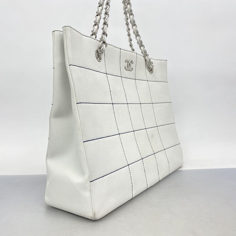 Chanel Tote Bag Chocolate Bar Leather White Navy Silver Hardware Ladies