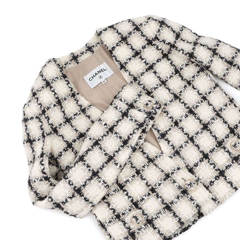 Chanel Jacket Tweed Short Length 38 Ivory - Black Gray