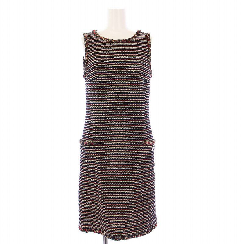 Chanel 2011 Model Tweed Dress Sleeveless Knee Length Coco Mark Coco Button 36
