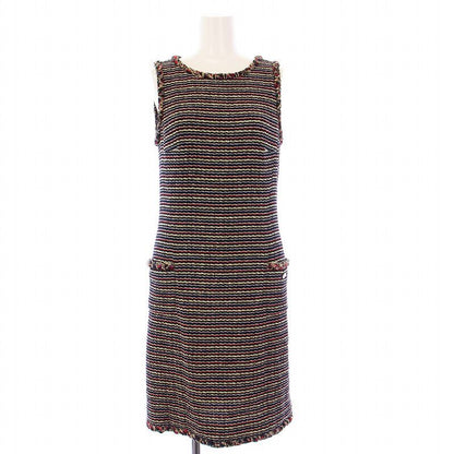 Chanel 2011 Model Tweed Dress Sleeveless Knee Length Coco Mark Coco Button 36