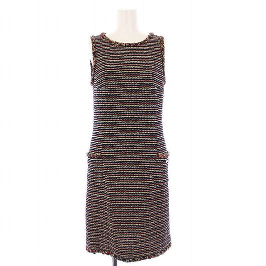 Chanel 2011 Model Tweed Dress Sleeveless Knee Length Coco Mark Coco Button 36