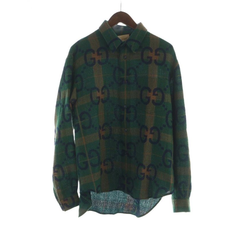 Gucci 22aw Jumbo GG Check Shirt Long Sleeve Wool 46 S Green 711543 • Gy17 Mq