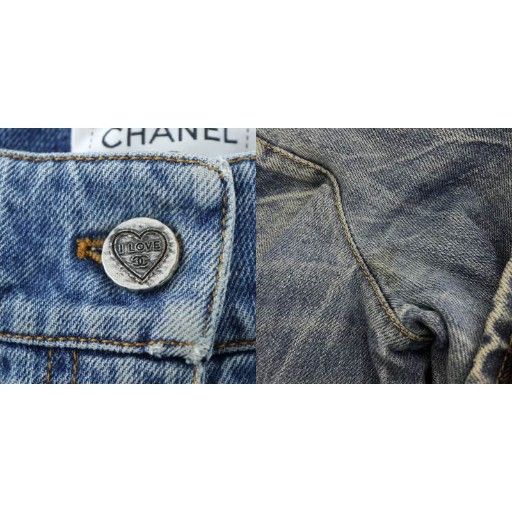 Chanel I Love Chanel Denim Pants Jeans Wide Flare Zip Fly Logo Baggy Here Mark