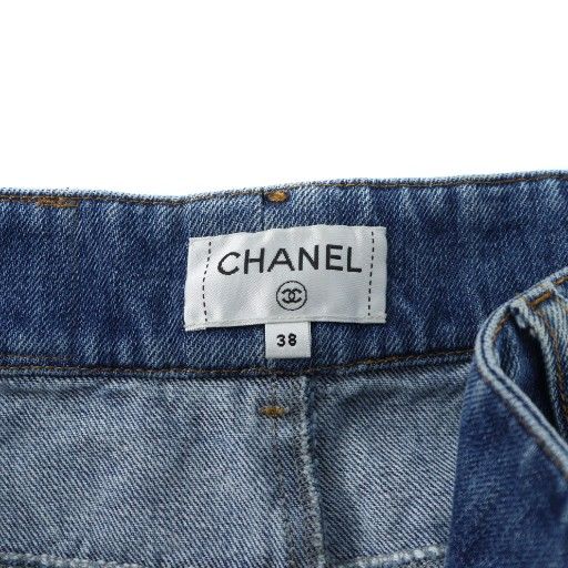Chanel I Love Chanel Denim Pants Jeans Wide Flare Zip Fly Logo Baggy Here Mark