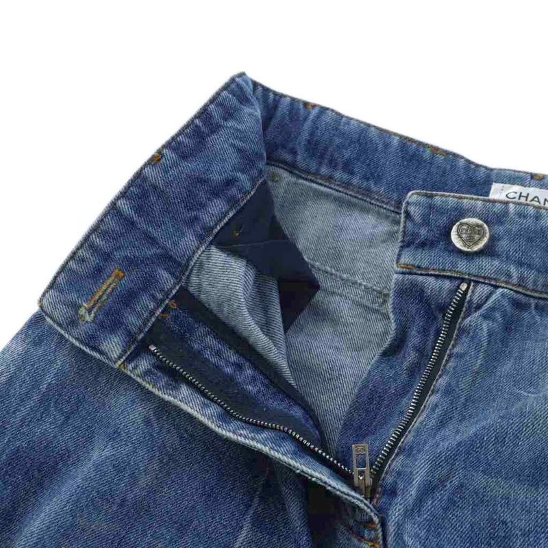 Chanel I Love Chanel Denim Pants Jeans Wide Flare Zip Fly Logo Baggy Here Mark