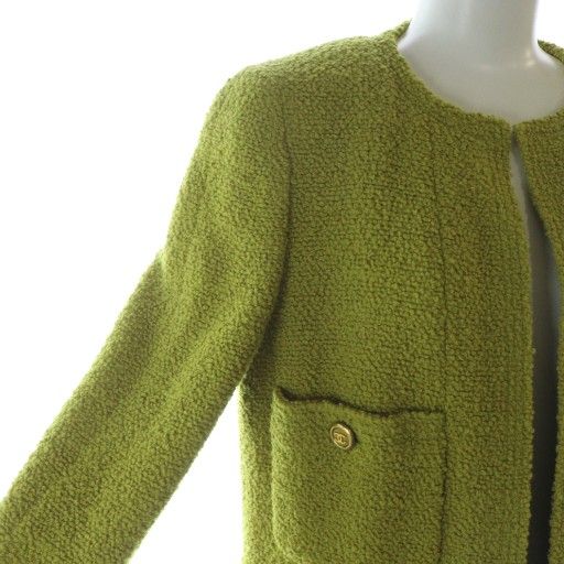 Chanel Long Coat Front Opening Gold Button Logo No Collar Shoulder Pad Here