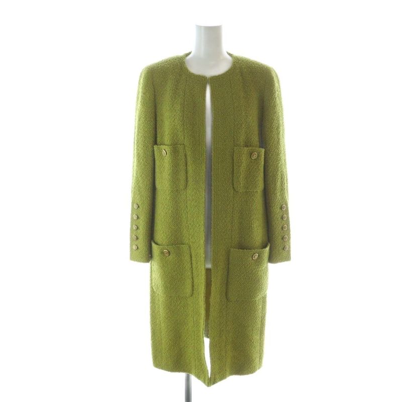 Chanel Long Coat Front Opening Gold Button Logo No Collar Shoulder Pad Here