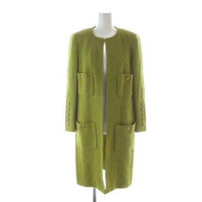 Chanel Long Coat Front Opening Gold Button Logo No Collar Shoulder Pad Here