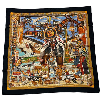 Hermes Carre 90 Tsitsika Silk Scarf Black